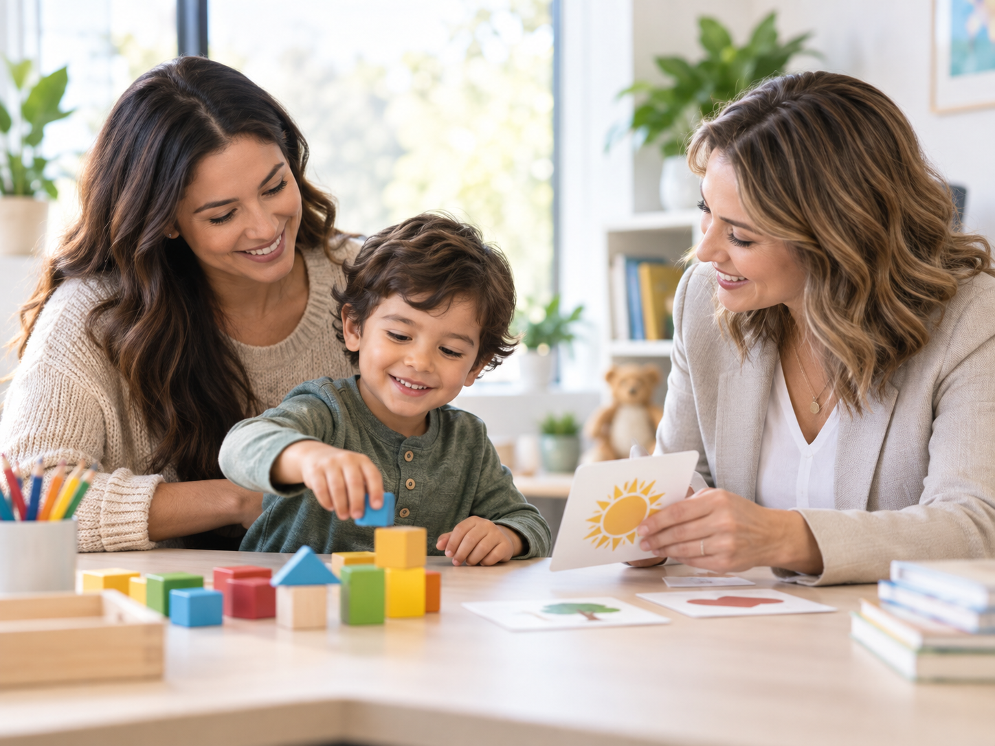 A specialist reviewing developmental flashcards with a parent and young child